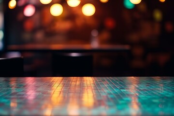 Fototapeta na wymiar Empty wooden table and blurred background of bar or pub at night, Generative Ai