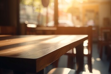 Empty wooden table and chair in the coffee shop blur background with bokeh, Generative Ai