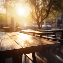Fototapeta na wymiar Empty wooden table in a cafe at sunset. Coffee shop. Steet background, Generative Ai