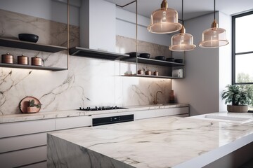 Interior of kitchen with modern oven | modern Nordic kitchen in loft apartment. 3D rendering | Modern Contemporary kitchen room interior .white and wood material 3d render, Generative AI