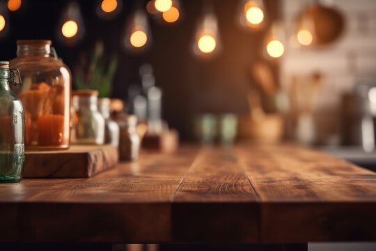 Empty wooden table and bokeh lights background. For product display, Generative Ai