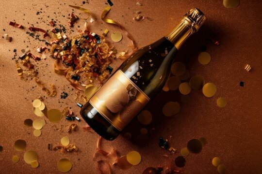 Champagne bottle with confetti on a brown background. Top view, Generative Ai