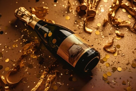 Champagne bottle with golden confetti on gold background, closeup, Generative Ai