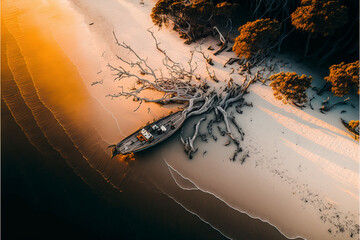 Drone photo of a beach with an abandoned ship next to a dead tree, Generative AI