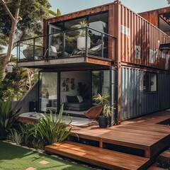 Modern metal building made from shipping containers and in forest and blue sky background. container house design in forest. Generative Ai