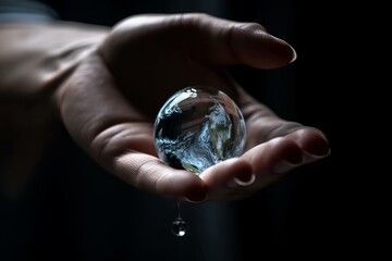 Hand holding a glass globe and drop of water on a black background, generative Ai