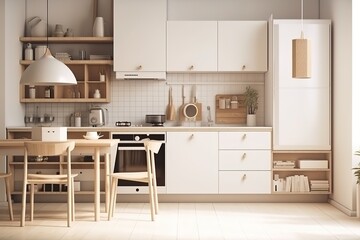 Interior of kitchen with modern oven | modern Nordic kitchen in loft apartment. 3D rendering | Modern Contemporary kitchen room interior .white and wood material 3d render, Generative AI