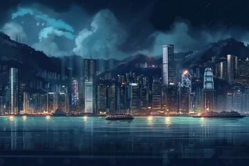Night view of Hong Kong city with skyscrapers and mountains, illustration style, Generative Ai