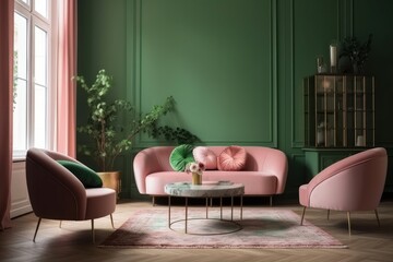 interior with pink sofa. 3d render illustration mock-up, Generative Ai