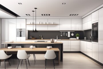 Interior of modern kitchen with white and gray walls, wooden floor, white cupboards and bar with stools. 3D rendering, generative Ai