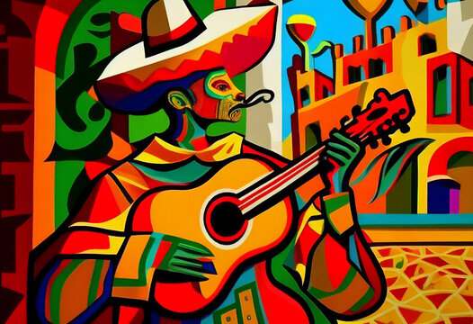 Mexican celebrating Cinco de Mayo which is Mexico independence day in an abstract cubist style painting for a poster or flyer, computer Generative AI stock illustration image