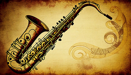 Naklejka premium Brass saxophone background with an abstract vintage distressed texture which is a musical wind instrument used in blues, rock, jazz and classical music, computer Generative AI stock illustration image