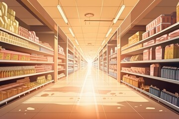 Supermarket interior with shelves and rows of products 3d render illustration, Generative Ai