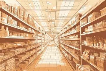 Supermarket shelves with goods in retro style. 3D illustration., Generative Ai