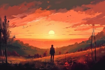 Fototapeta premium Boy on the hill at sunset in the countryside. Digital painting. Japan cartoon style, Generative Ai