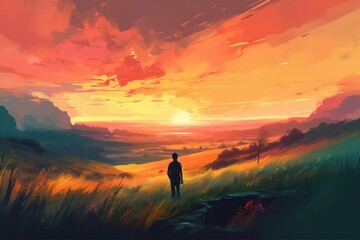 Boy on the hill at sunset in the countryside. Digital painting. Japan cartoon style, Generative Ai