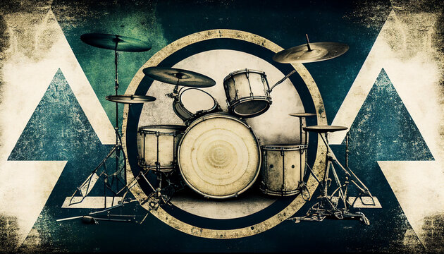 Drumkit background with an abstract vintage distressed texture which is a musical percussion instrument used in blues, rock, jazz and classical music, computer Generative AI stock illustration image