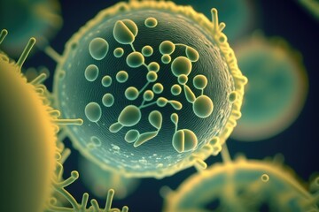 Close up shot of bacteria and virus cells in a laboratory. Ai generative.