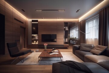 3d rendering interior of modern living room with wooden wall and tv, Generative Ai