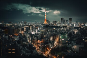Tokyo city skyline at night, Japan. Toned image, Generative Ai