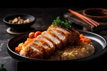 Japanese fried pork cutlet with rice and vegetables on a black background, Generative Ai
