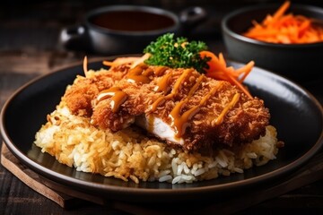 Japanese food, Tonkatsu with rice and carrot on wooden background, Generative Ai