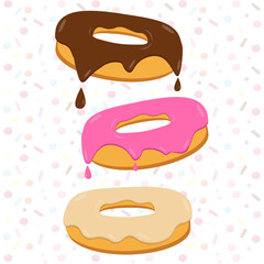 Three delicious melted donuts of different colors. Chocolate donut. Set of donuts coated with glaze