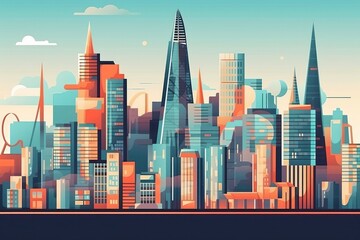 Modern cityscape with skyscrapers. Digital illustration in flat style, generative Ai