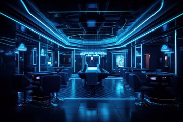 Futuristic luxury casino interior with neon lights, Night club. Blue colour, Generative Ai