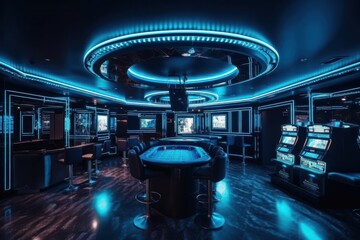 Futuristic luxury casino interior with neon lights, Night club. Blue colour, Generative Ai