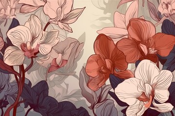 Seamless pattern with orchids. Hand drawn, Digital illustration, generative Ai