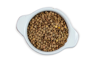 Lentils in bowl isolated with background. Top view. Flat lay.
