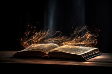 Book with magic light on wooden table. Halloween or horror concept, generative Ai