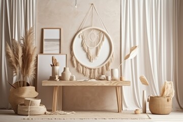The stylish interior of the living room with beige walls, a wooden floor, a round mirror, rattan baskets, pampas grass, boho accessories and elegant personal accessories. Template, Generative Ai