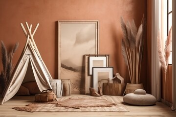 Interior of living room with wigwam, photo frames and decorative elements, Generative Ai