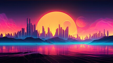 80s Dance Party at a Synth Wave Retro City Sunset: Postproducted Digital Illustration. Generative AI