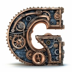 Generated Ornate Capital Letter G: An Illustration of Steampunk Lettering in Bronze Metal and Navy Blue: Generative AI