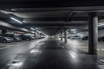 Inside Look: An Underground Parking Garage for Cars - Perspective View, Generative AI