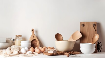 Fototapeta na wymiar Vintage Home Kitchen Decor: Cutlery, Teapot & Wall Background Mockup: Generative AI