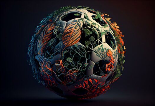 3d illustration of soccer ball with botanical elements, generative ai