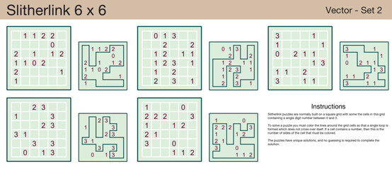 5 Slitherlink 6 x 6 Puzzles. A set of scalable puzzles for kids and adults, which are ready for web use or to be compiled into a standard or large print activity book.