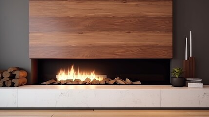 Luxury fireplace with fire and wood in the modern living room. Generative AI Technology 