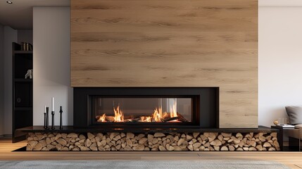 Luxury fireplace with fire and wood in the modern living room. Generative AI Technology 
