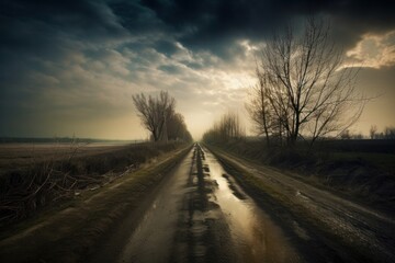 Dramatic stormy sky over a country road. HDR image, Generative Ai