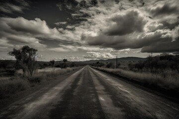 Dirt road. Black and white., Generative Ai