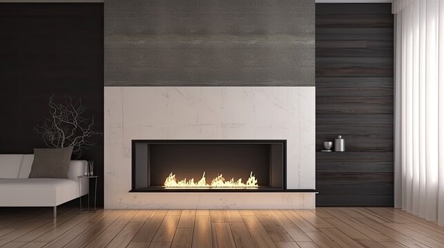 Luxury fireplace with fire and wood in the modern living room. Generative AI Technology 