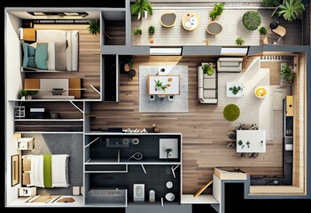 Floor plan of a house top view 3D illustration. Open concept living room, two bedroom layout. Generative AI