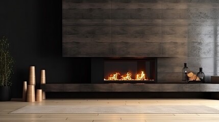 Luxury fireplace with fire and wood in the modern living room. Generative AI Technology 