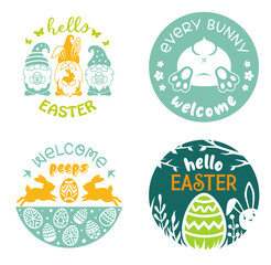 Easter round sign, emblems and labels with quotes. Set of vector holiday designs with bunny, eggs.