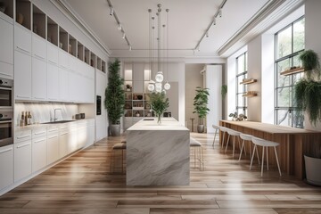 Modern kitchen interior | Modern White Luxury Kitchen in Estate Home | desk space in kitchen | Grey kitchen with bar close up | Beautiful kitchen in luxury home with waterfall island, Generative AI